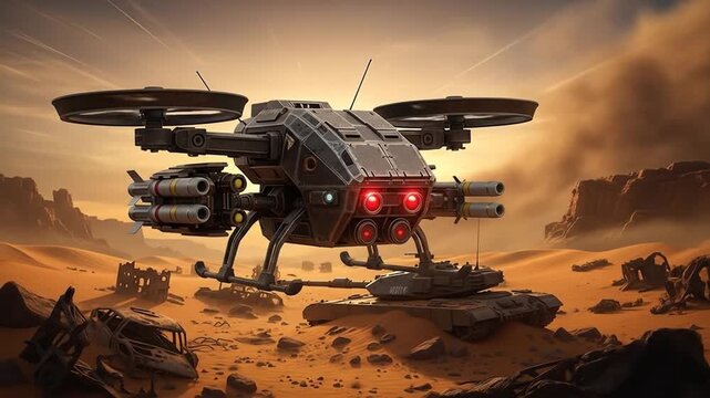 futuristic military drone hovers over a war-torn desert landscape, tanks and debris litter the scene