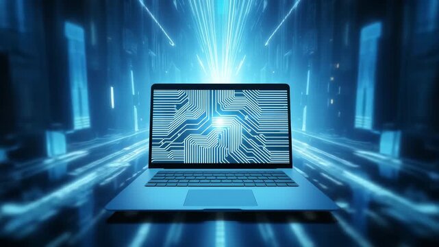 Futuristic laptop with digital circuit interface in data center
