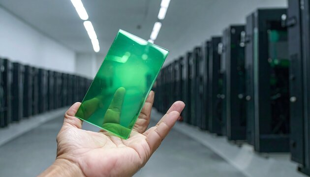 Hand holding green glass in server room.