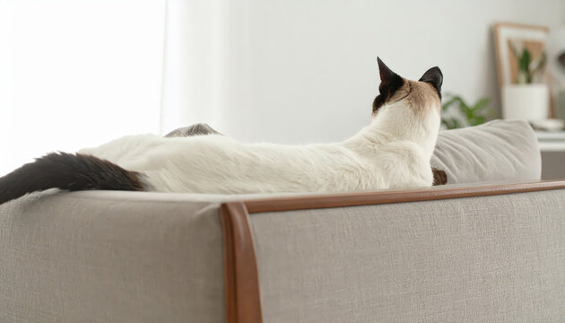 Siamese cat lounging sofa relaxed home sunlight cozy fur pet interior peaceful domestic animal living room modern furniture comfortable elegant calm white brown tail ears whiskers feline mammal