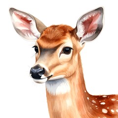 Close-up portrait of a fawn, reddish-brown fur, large ears, gentle expression