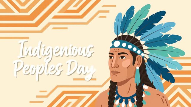 Commemorative vector illustration for Indigenous Peoples&rsquo; Day featuring a portrait of a Native American man in a traditional feathered headdress