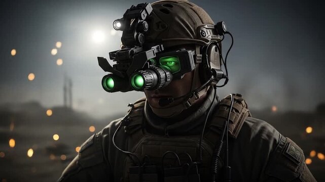 Soldier with Night Vision Goggles Standing Amidst Explosions and Combat Scenario