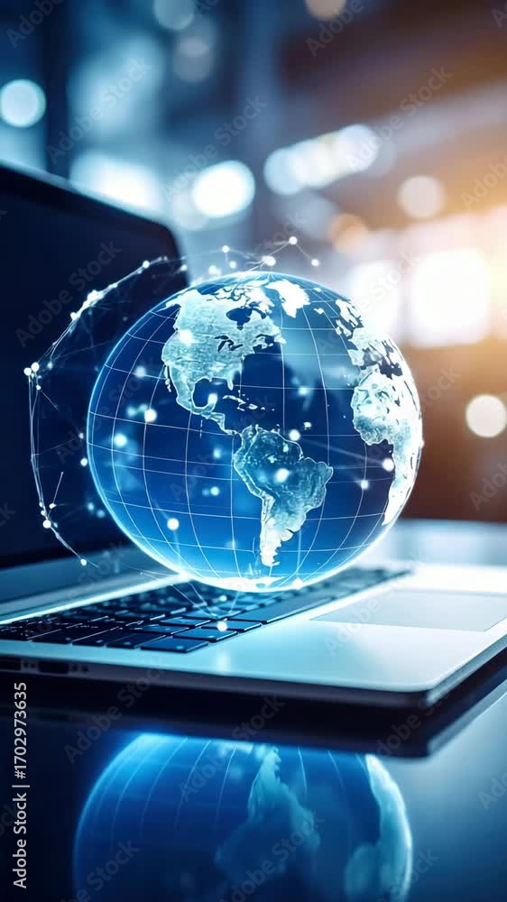 Poster digital world concept with glowing globe graphic over a laptop computer showing connectivity and glo