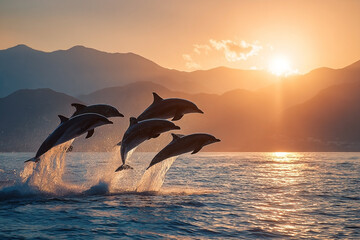 Dolphins breaching ocean's surface during golden sunset, vibrant marine life spectacle