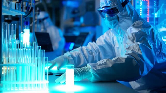 Medical scientists in PPE working in sterile laboratory environment - Powered by Adobe