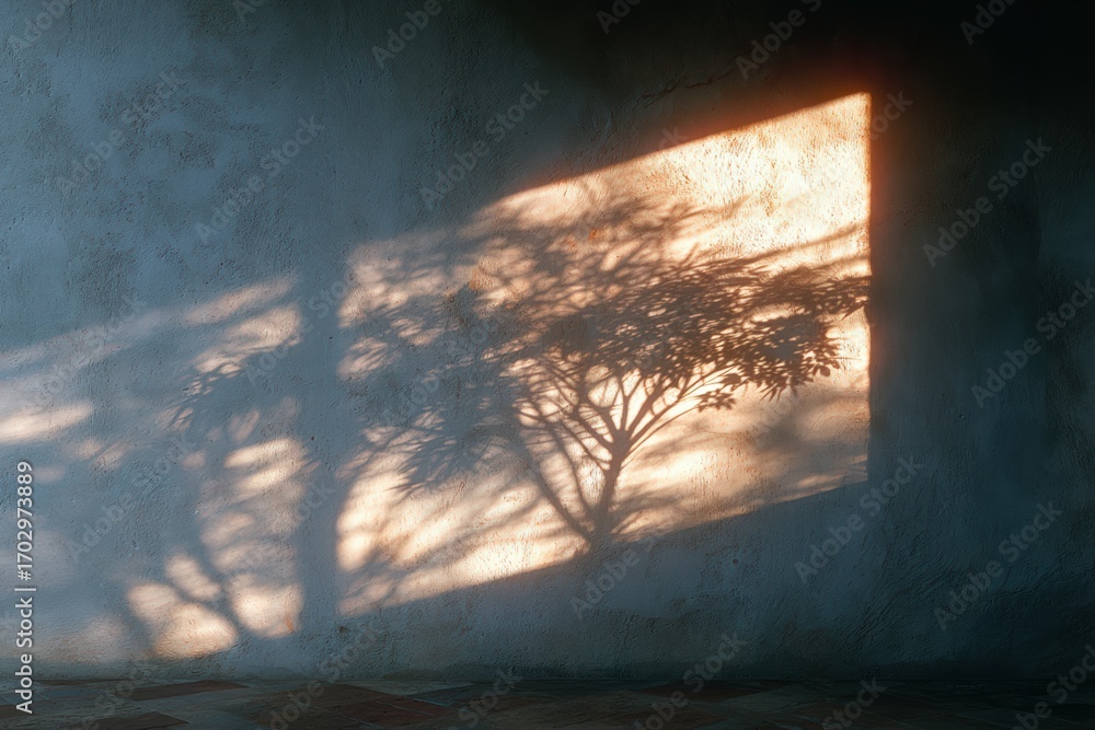 Poster soft amber light cascading through a window casting intricate shadow patterns of foliage on a textur