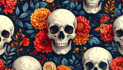 Skull and flower seamless pattern