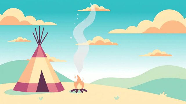 Vector art illustration of a tipi and campfire in a scenic landscape, a concept for celebrating Indigenous Peoples&rsquo; Day