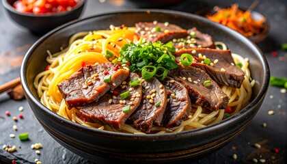 Bowl of savory noodles with sliced meat