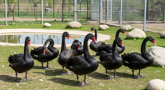 A flock of black swans on a green lawn.