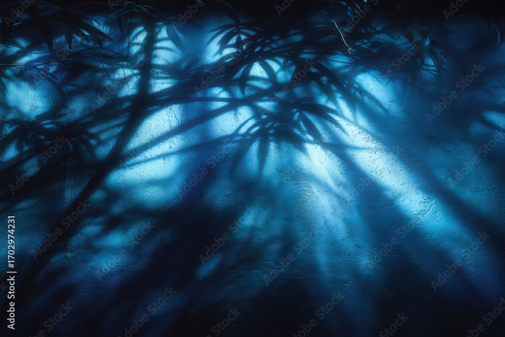 Poster ethereal blue-toned light casting intricate shadows on a textured wall creating an enchanting ambian