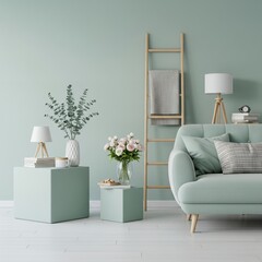 Pastel Green Living Room Interior Design with Sofa, Decor and Wooden Ladder