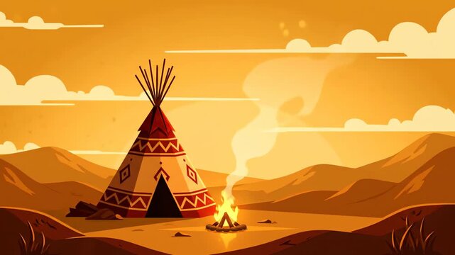 A vibrant vector illustration of a Native American tipi and bonfire, honoring tribal culture and heritage on Indigenous Peoples&rsquo; Day