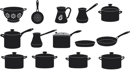 Kitchen Utensil Icon Set – Cooking Pots, Pans, Kettle, and Colander Silhouette Vectors