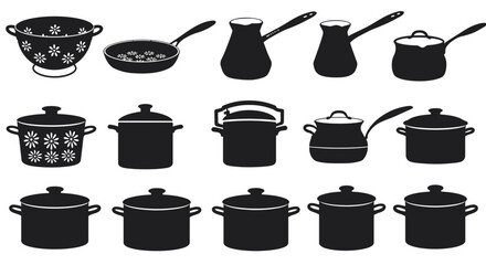 Kitchen Utensil Icon Set – Cooking Pots, Pans, Kettle, and Colander Silhouette Vectors
