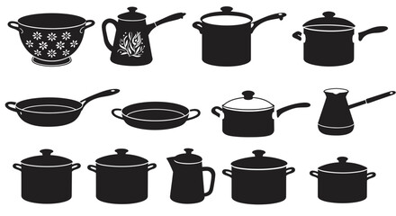 Kitchen Utensil Icon Set – Cooking Pots, Pans, Kettle, and Colander Silhouette Vectors