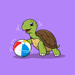 A happy green turtle plays with a colorful beach ball on a purple background, raising one leg in a playful pose.