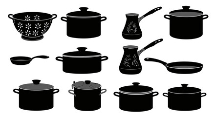 Kitchen Utensil Icon Set – Cooking Pots, Pans, Kettle, and Colander Silhouette Vectors