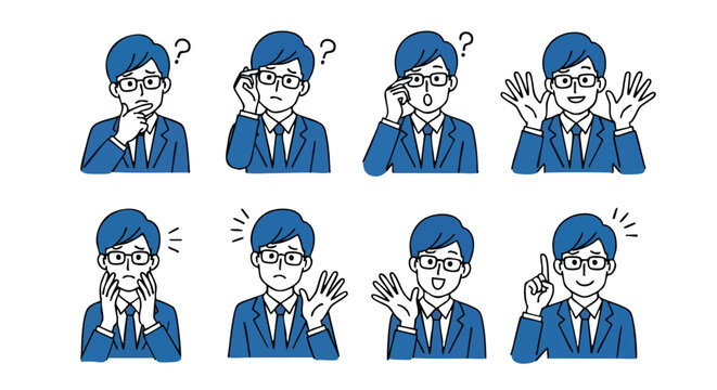 Animated businessman expressions showcase problem solving and success in diverse business scenarios