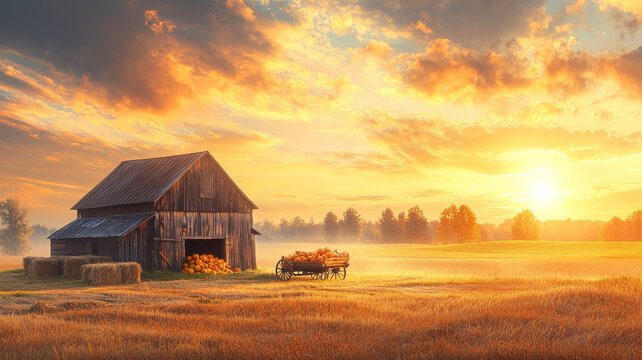 Rustic barn with hay bale and pumpkin wagon at golden sunrise evoking warm autumn harvest mood - Powered by Adobe