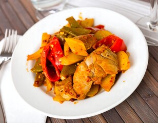 Colorful medley of chicken, potatoes, peppers, and beans on a plate