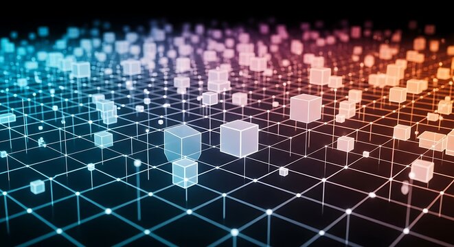 Abstract network of glowing cubes and lines creating a futuristic digital landscape - Powered by Adobe