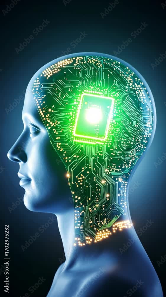 Poster artificial intelligence head concept with glowing green circuit board and a microchip at the brain, 