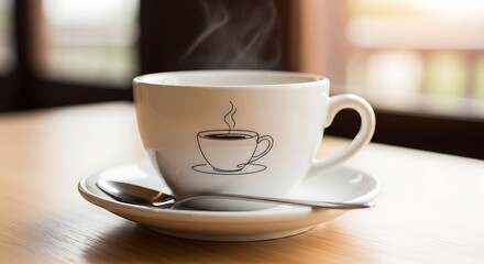 Obraz premium A steaming cup of coffee on a saucer.