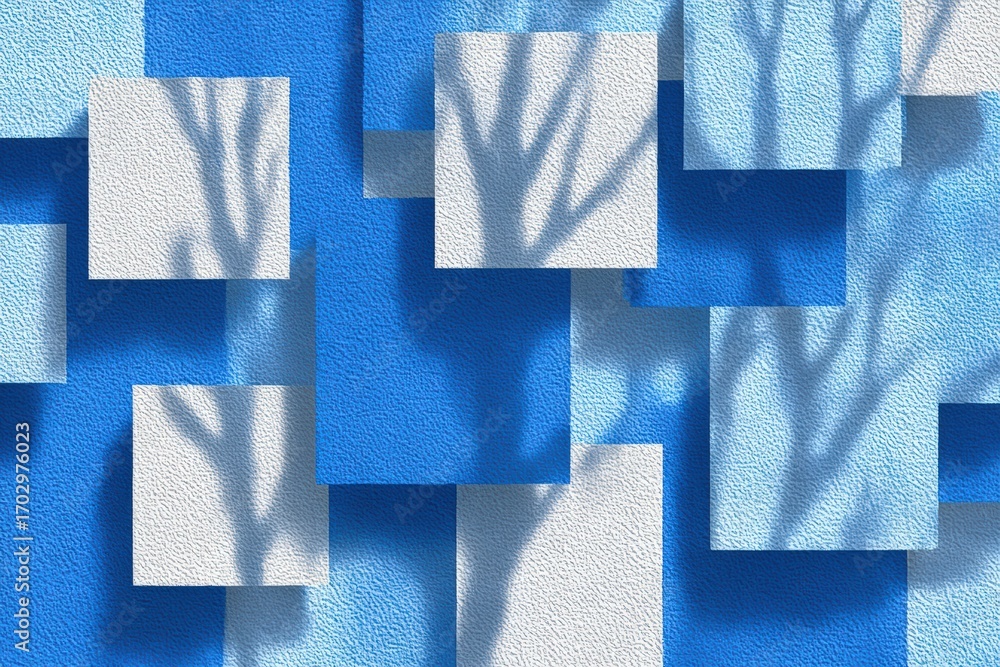 Poster textured layers of blue and white abstract compositions highlighting organic shadows creating a sere