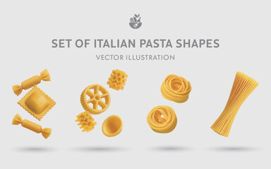 A Set of 3D Vector Pasta Shapes: Spaghetti, Fettuccine, Ruote, Radiatore, Orecchiette, Ravioli, Caramelle