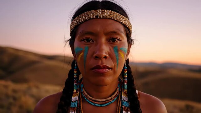 Honoring heritage and ancestral pride, a powerful portrait of a native woman celebrating Indigenous Peoples&rsquo; Day