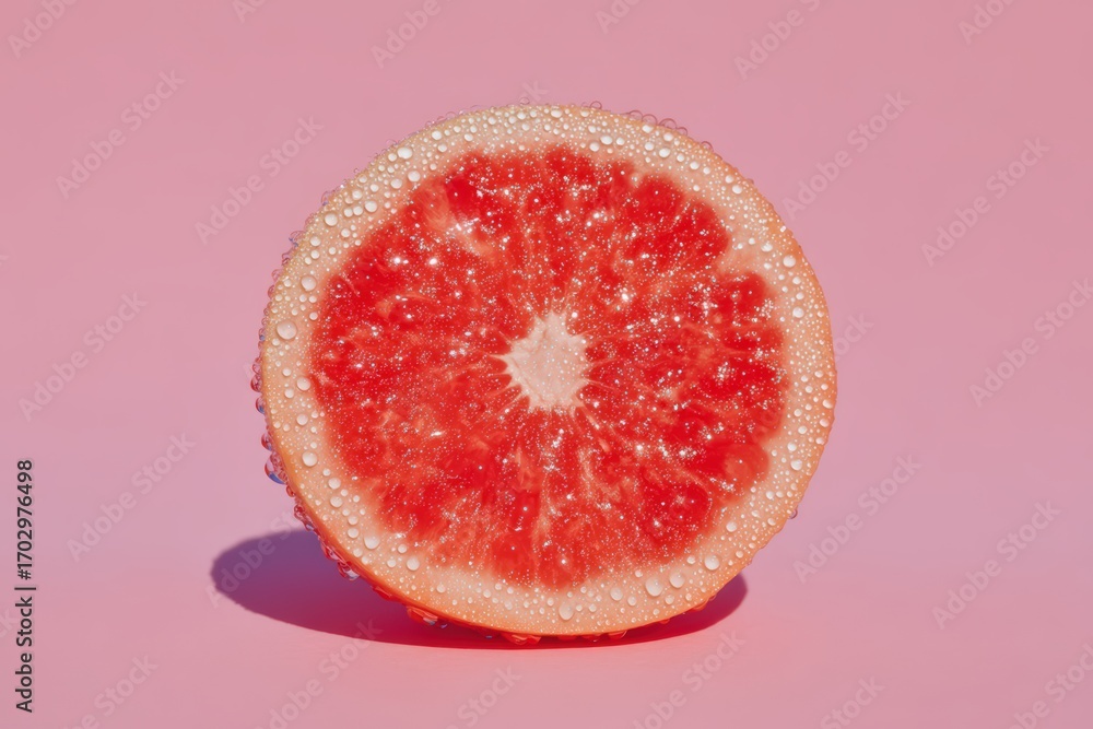Poster captivating close-up of a grapefruit slice glistening with droplets against a soft pink backdrop sho