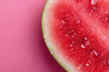 Radiant slice of watermelon embellished with droplets reflecting light against a vibrant pink backdrop highlighting freshness and summertime allure captured with clarity