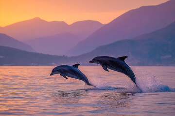 Fototapeta premium Dolphin duo leaping through twilight waters with mountain backdrop
