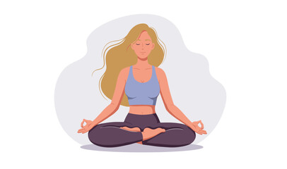 An illustrated woman with flowing blonde hair sits in a meditative lotus position, practicing yoga, promoting relaxation and mindfulness for well-being.