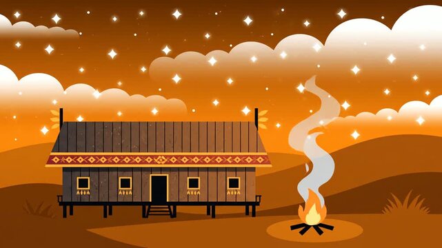 A warm campfire illuminates a traditional indigenous longhouse under a starry night sky, celebrating Indigenous Peoples&rsquo; Day