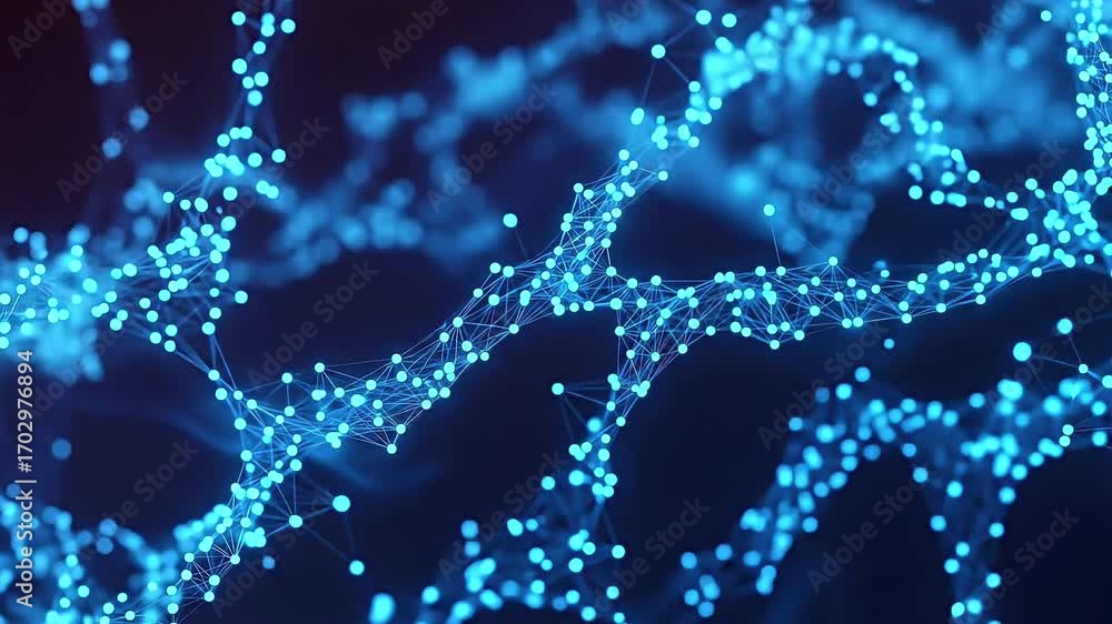 Poster abstract digital network of glowing blue points and lines, intricate and complex.