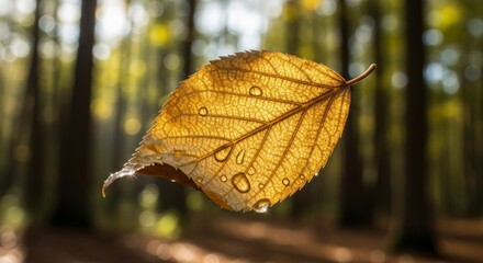 Close-Up of Dewy Autumn Leaf Hanging in a Forest Environment