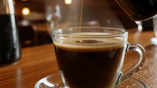 Pouring freshly brewed aromatic coffee into clear glass cup for a dynamic morning boost