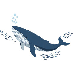 Obraz premium Majestic blue whale gently swims through the deep ocean in a vibrant 2D flat vector illustration, gracefully accompanied by a sparkling school of small fish.