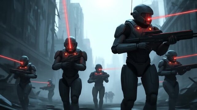Cybernetic soldiers patrol ruined city with precision aiming laser weaponry system