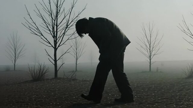 Lonely figure walking through a foggy field of bare trees, conveying sadness and isolation outdoors