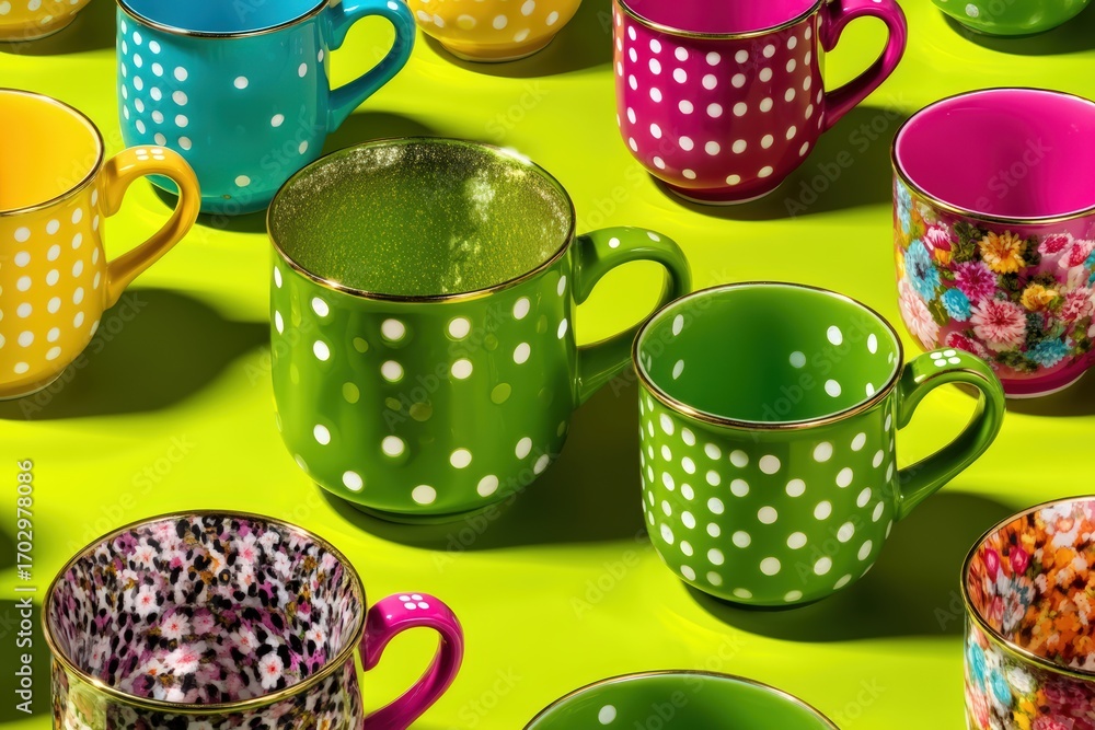 Poster delightful collection of colorful polka dot mugs arranged on an eye-catching vibrant backdrop creati