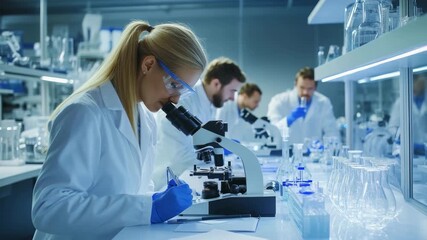 Scientists Working in Modern Laboratory Using Microscope - Powered by Adobe