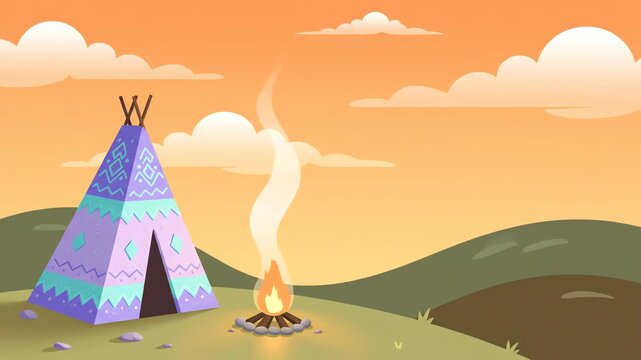 Celebrate Indigenous Peoples&rsquo; Day with this illustration of a traditional tipi and a warm campfire at sunset, embodying cultural heritage and connection to nature