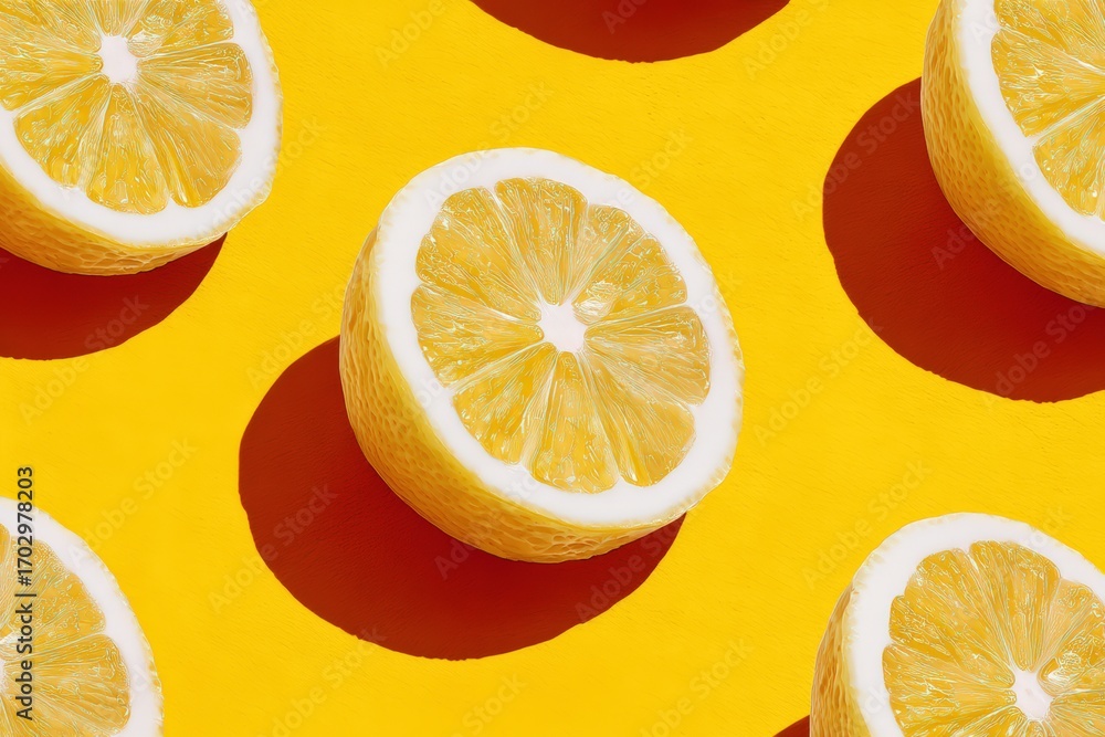 Poster freshly sliced lemons arranged on a bold yellow backdrop showcasing their vibrant texture and refres