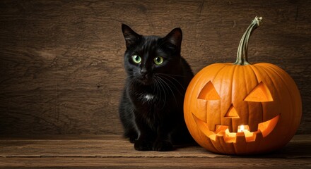 Black Cat Sitting Next to Carved Pumpkin on Wooden Surface for Halloween Celebration