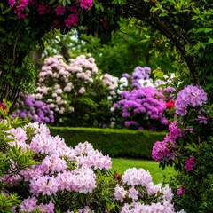 Obraz premium A garden archway framed by vibrant rhododendrons in shades of pink, purple, and white