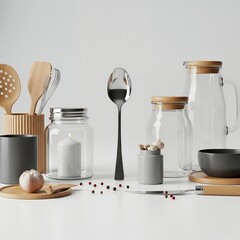 Stylish Kitchen Utensils and Glassware Still Life on White Background